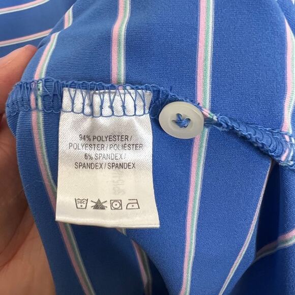 F & G Tech Size Large Mens Blue Pink White Striped Golf Polo Shirt Performance - Picture 6 of 9